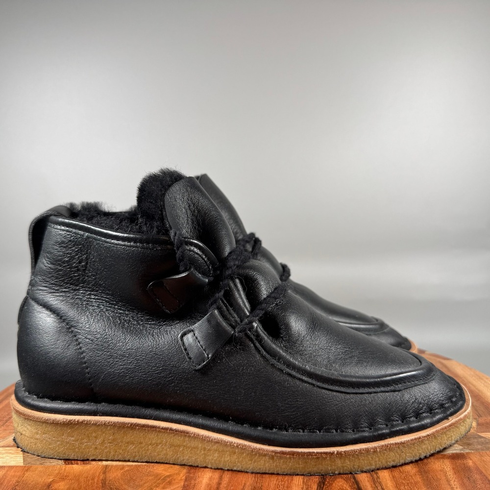 Either/Or Black Leather Shearling Lined Moccasin Ankle Boots Crepe Sole Womens 6